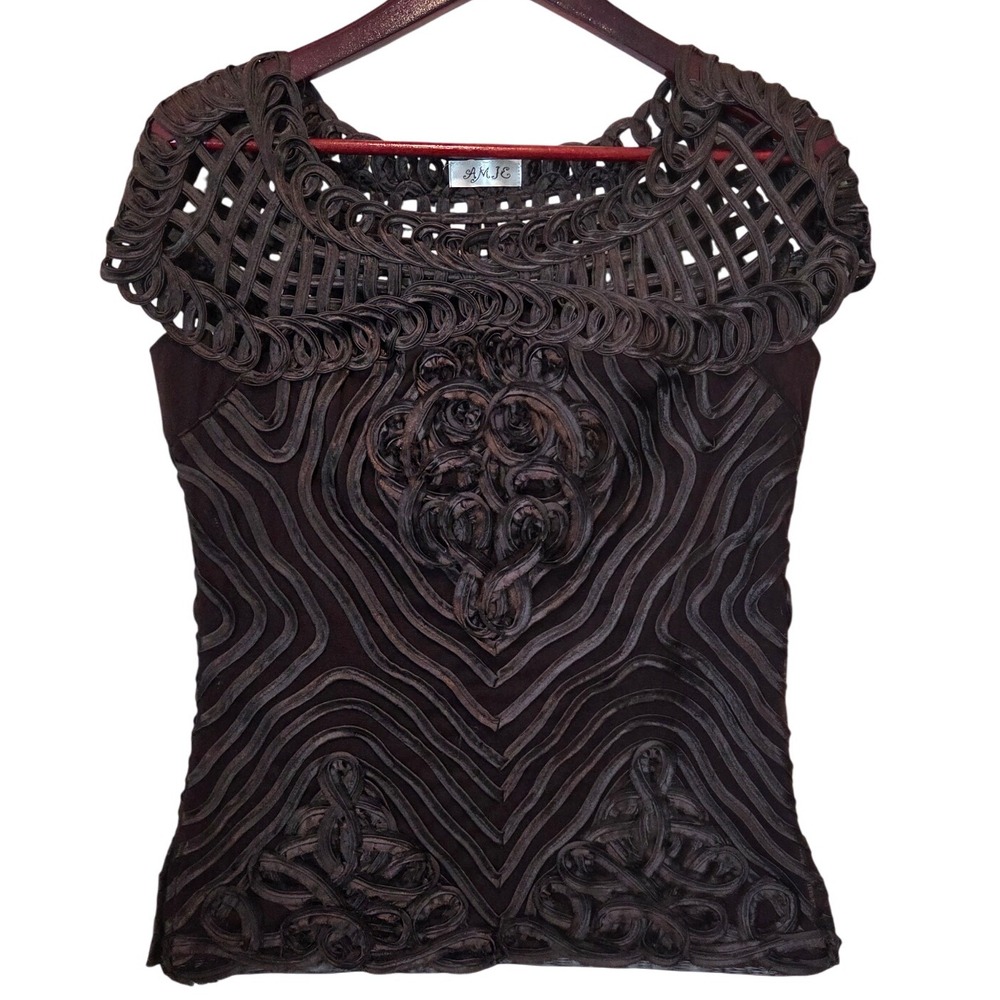 AMJIE Women Brown Ribbed Knit Short Sleeve Cap Sleeve Sculptural Neck Top M